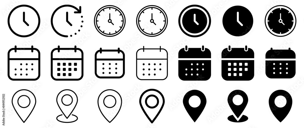 Poster Address location icon. Stopwatch timer icon. Date Calendar icon - Web icons set