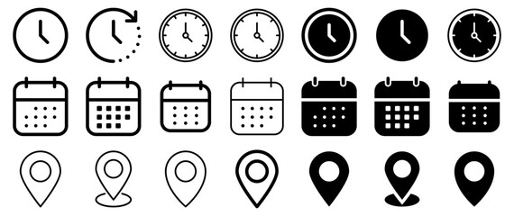 Address location icon. Stopwatch timer icon. Date Calendar icon - Web icons set