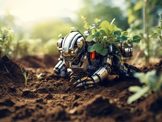 Robot working in a greenhouse. Smart agricultural technology innovation.