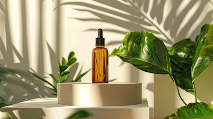 Natural cosmetic showcased in amber dropper bottle on podium with plants beauty care concept