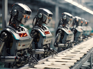 Fototapeta premium Robots working on the automated conveyor belt and sorting post parcels and letters.