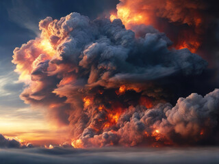 Fototapeta premium Explosion of fire smoke on sky background.