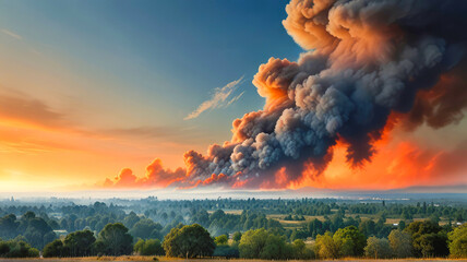 Explosion of fire smoke on sky background.