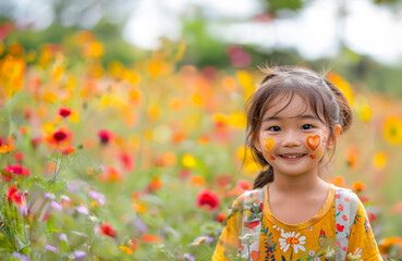 フェイスペイントをして花畑の中に立つアジア人少女
