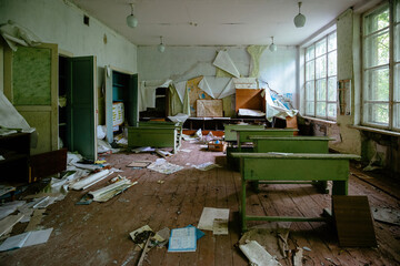 Ruined classroom in abandoned school