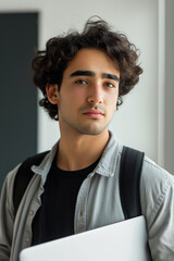 Young man with curly hair is holding a laptop and wearing a backpack, looking at the camera with a serious expression