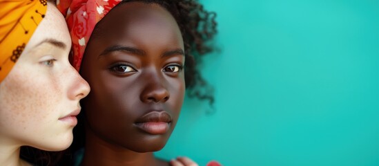 Obraz premium Close-up of two women with contrasting skin tones, wearing colorful headscarves against a turquoise background. Diversity and unity concept.