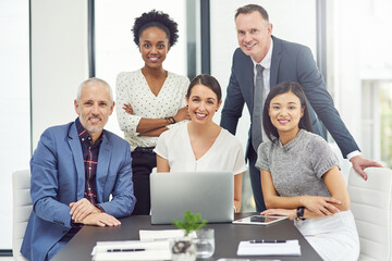 HR, portrait smile and team collaboration in meeting strategy or planning at office. Management, group and happy employees working with support, teamwork and corporate plan or laptop at workplace