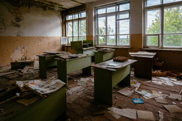 Ruined classroom in abandoned school