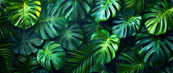 Fresh exotic jungle background with palm fronds and monstera