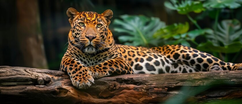exotic landscape with a leopard perched on a tree trunk in the jungle