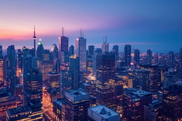 Obraz premium An aerial view of the Toronto skyline at sunset, with the CN Tower dominating the cityscape.