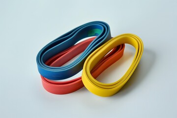 A close-up of three resistance bands in blue, red, and yellow, resting on a white background.