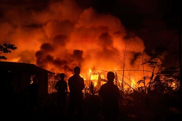 Three figures stand silhouetted against the backdrop of a raging fire, the flames illuminating the night sky with an intense orange glow.