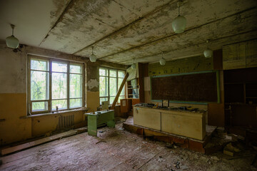 Ruined classroom in abandoned school