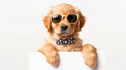 Golden retriever puppy in sunglasses and bow tie holding sale sign and white banner on white background