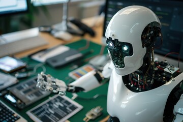 AI humanoid robots head and arm as it interacts with a digital device on a desk, capturing a moment of artificial intelligence in action.