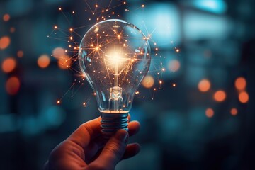 A hand holds a lit light bulb with a bright, fiery glow, creating a network of sparks against a blurred background.