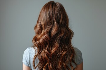 Fototapeta premium Rear view of a woman with beautifully styled wavy brown hair against a neutral background
