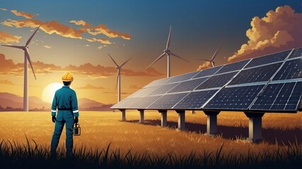 Illustration of renewable energy sources and engineers