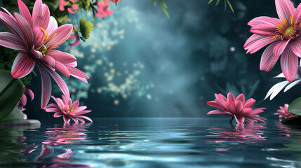 Obraz premium The background is springtime, with flowers over the water.