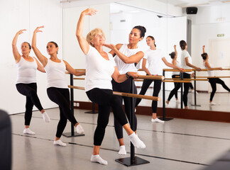 Group of women engaged in ballet in a dance studio perfoms an exercise near the ballet barre, where...
