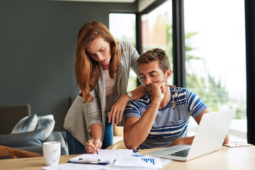 Finance, laptop and writing with couple in home together for bank investment or savings....