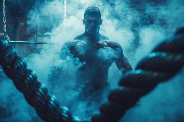 A dramatic image featuring a muscular individual with an imposing stance amidst atmospheric smoke and heavy chains