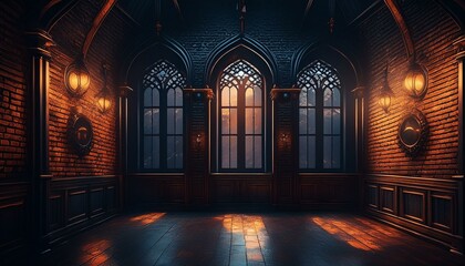 Fototapeta premium black bad room and the windows on the brick wall