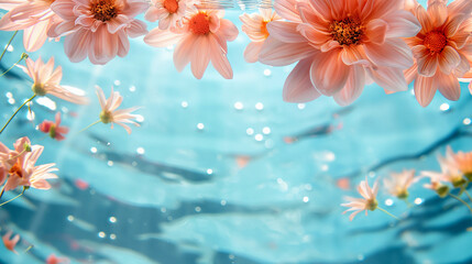 Natural background, flowers under water by water. Flowers floating under water and illuminated by sun rays