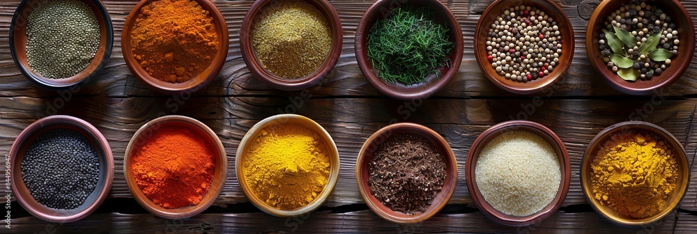 Poster A top-down view of various colorful spices in ceramic bowls arranged on a rustic wooden surface. Generative AI