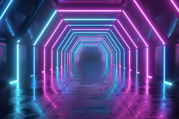 3d render, abstract background with neon glowing lines in blue and purple colors on black. Futuristic scene for design of empty virtual space