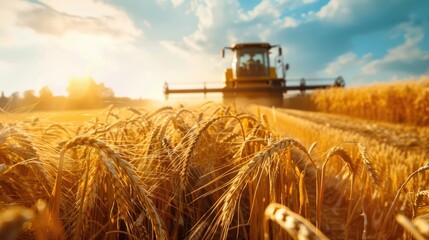 Fototapeta premium Supervision of crop harvesting by a farmer