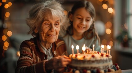 happy old grandmother with birthday cake at anniversary celebration home party with family after retirement.