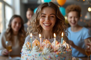 A smiling woman holds a birthday cake with lit candles, blurred background creates an atmosphere of celebration