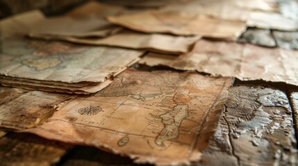 Fototapeta premium Out of focus view of weathered and yellowed maps tered on a rustic worn table telling tales of forgotten lands and lost paths. .