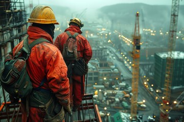 Overlooking a hazy construction site, two workers in high-visibility safety gear stand at dawn or dusk