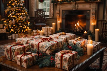 Obraz premium Numerous presents wrapped in patterned paper placed under a Christmas tree in a cozy room with a fireplace
