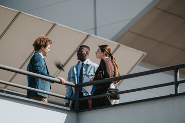 Three business professionals in a lively discussion outdoors, exchanging ideas during a collaborative meeting in an urban setting.