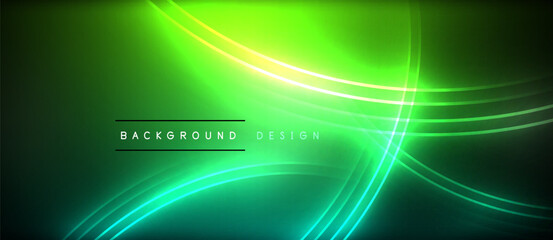 Neon glowing circle rays, light round lines in the dark, planet style neon wave lines. Energetic electric concept design for wallpaper, banner, background