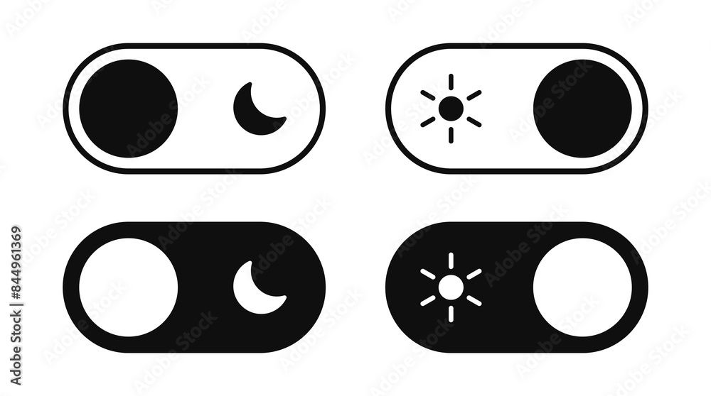 Poster On Off toggle switch buttons. day night switch toggle - dark mode, light mode switch button - sun and moon icons