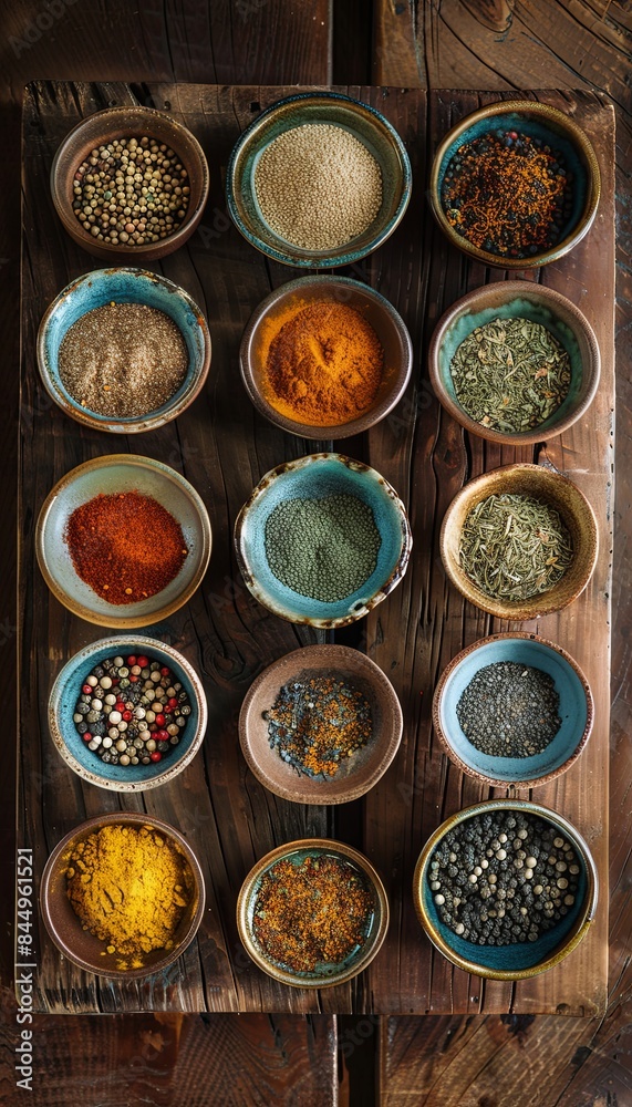 Poster A top-down view of various colorful spices in beautiful ceramic bowls arranged on a rustic wooden surface. Generative AI