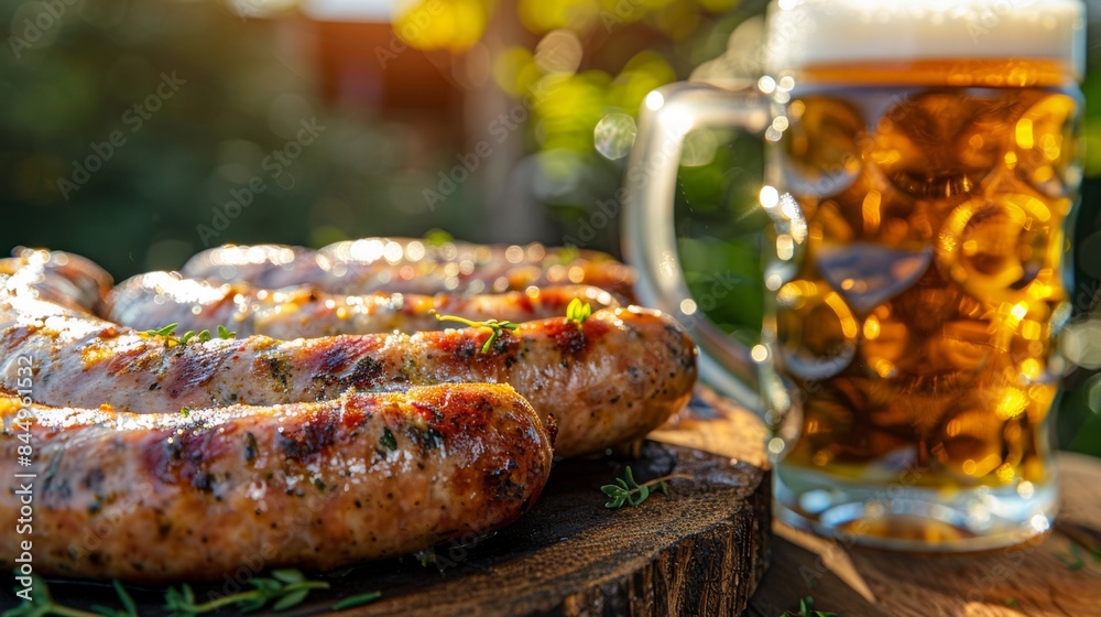 Wall mural A close up of a plate with sausages and beer on it, AI - Wall murals
