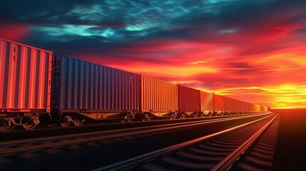 Fototapeta premium Freight Train at Sunset. generative AI