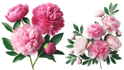 Pink peonies green leaves beautifully arranged around blank white space, perfect for text or message
