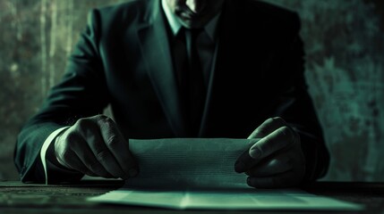 A man in a suit and tie holding up paper with his hands, AI