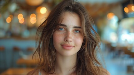 Fototapeta premium A woman with freckles and a white tank top smiling, AI