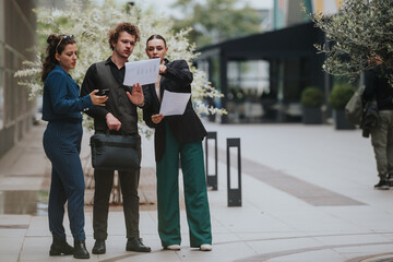 Fototapeta premium Three business professionals standing outside, engaged in a discussion about documents, showcasing teamwork and collaboration.