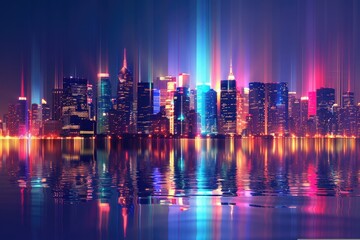 Cityscape at night with vibrant, colorful lights reflecting on the water