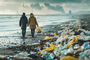 couple female and man walking on a polluted beach covered in plastic
